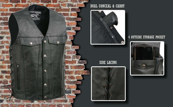Event Leather EL5360TALL Black Motorcycle Leather Vest Tall Sizes with Denim Style Pockets -Riding Club Adult Vests on Sale - Image 2