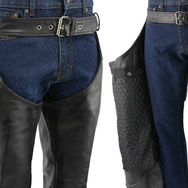Men s XS432 Classic Black Thermal Lined Leather Motorcycle Chaps with Jean Style Pockets Cheap - Image 4