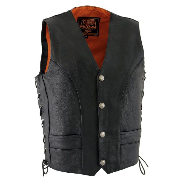 Milwaukee Leather ML1369 Men s Black Premium Leather Side Lace Motorcycle Rider Vest w  Buffalo Nickel Snaps Closure For Sale